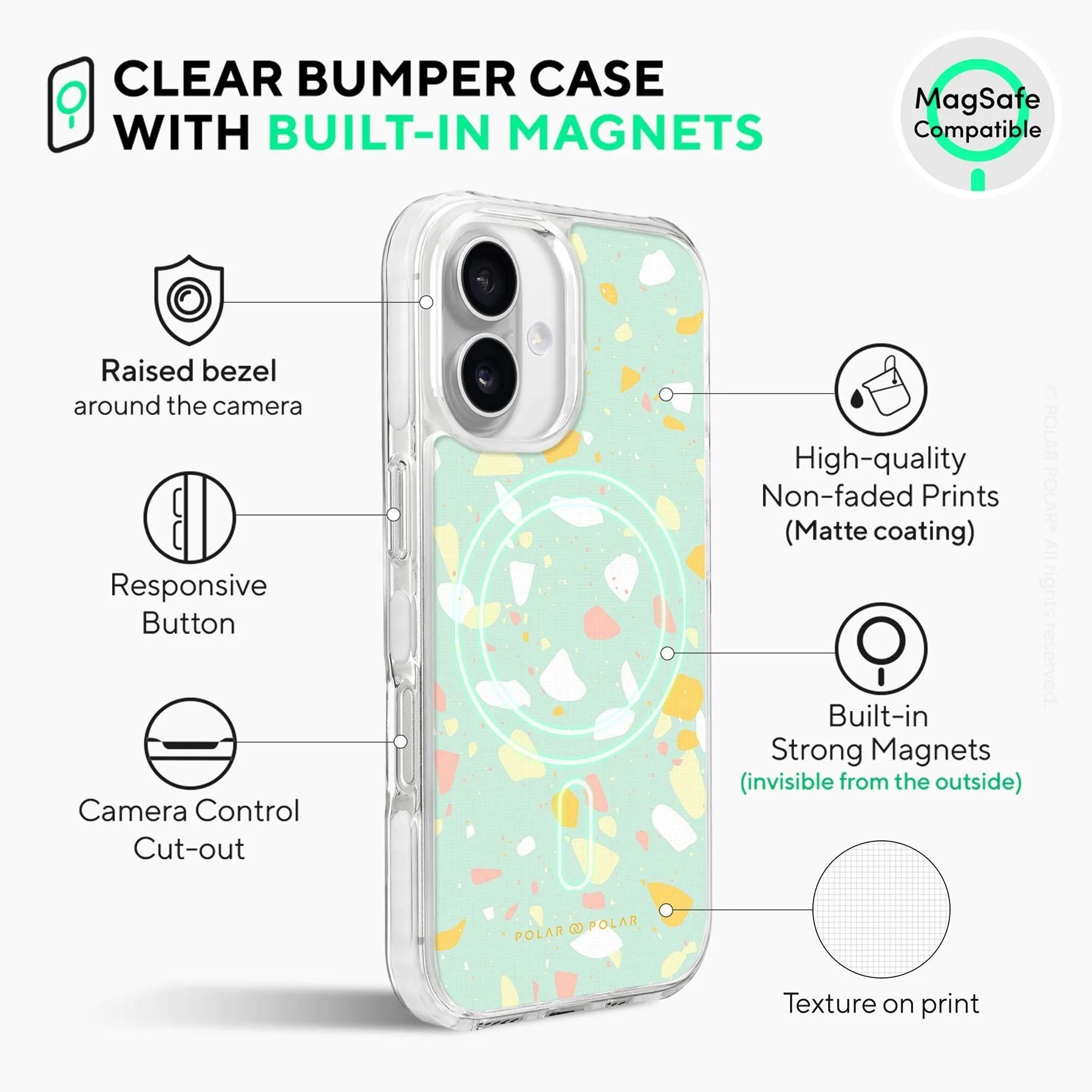 Mist Green Terrazzo - iPhone 16 Clear Bumper MagSafe Case