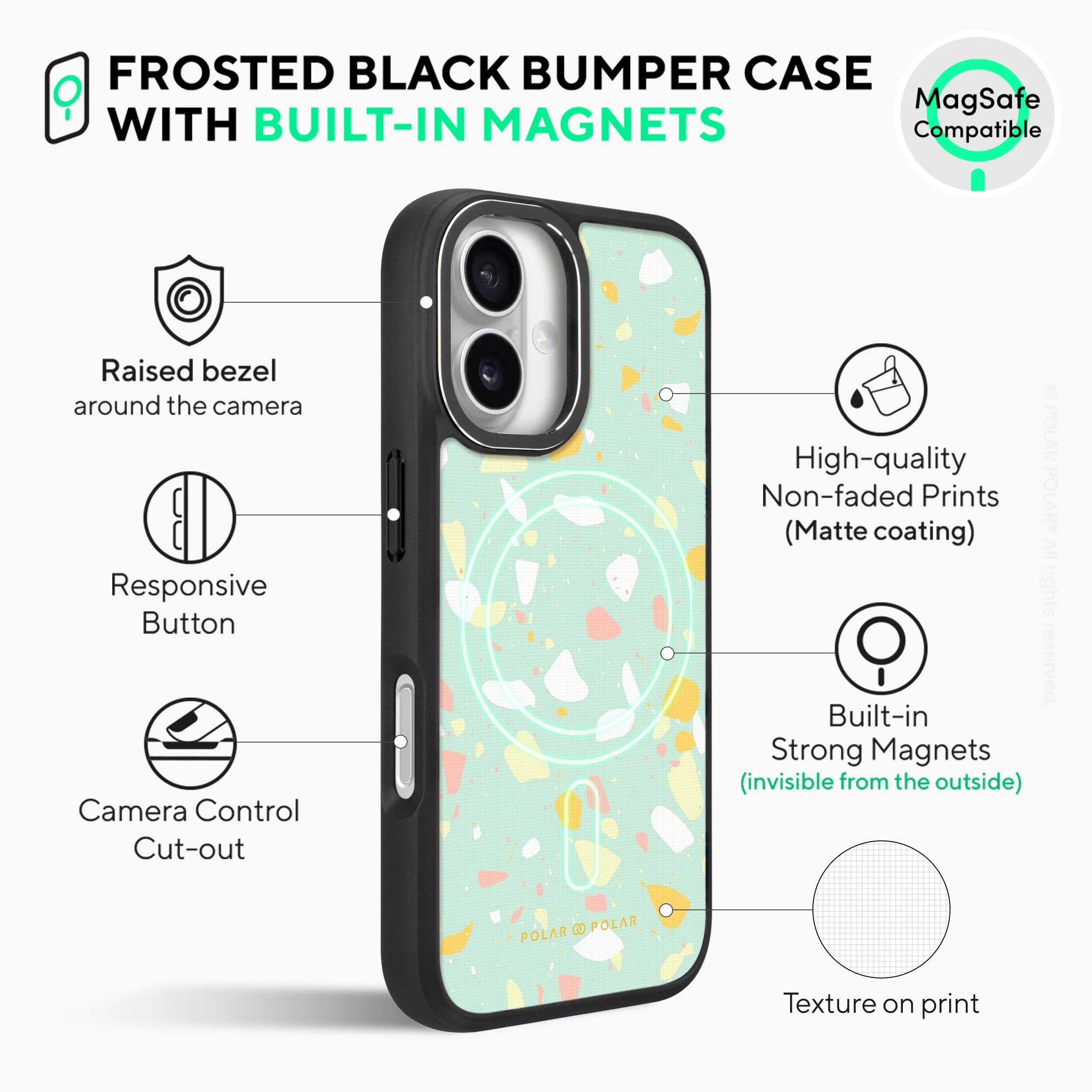 Mist Green Terrazzo - iPhone 16 Frosted Black Bumper MagSafe Case