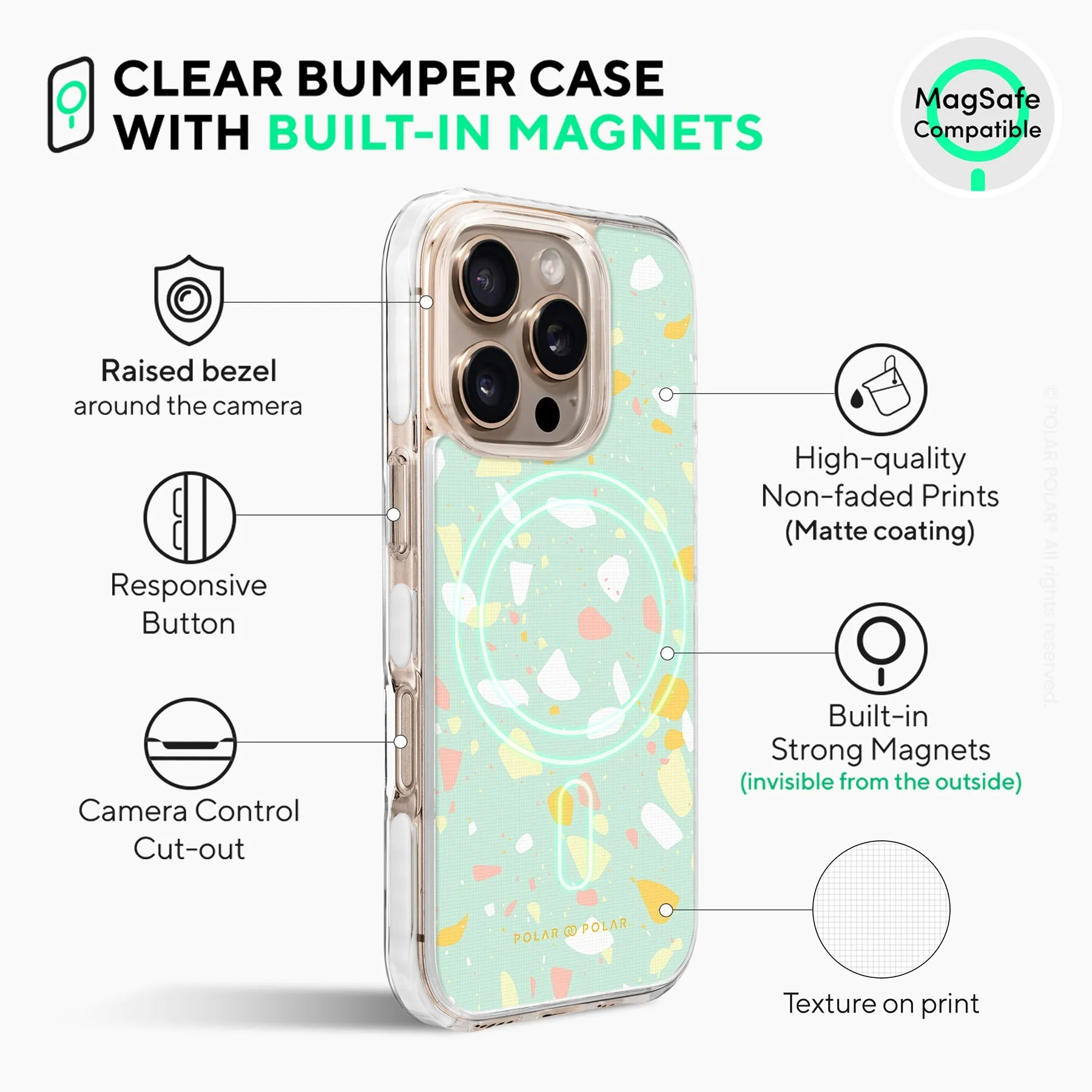Mist Green Terrazzo - iPhone 16 Pro Clear Bumper MagSafe Case