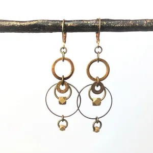 Modern Brass Concentric Circle Earrings with Geometric Drop