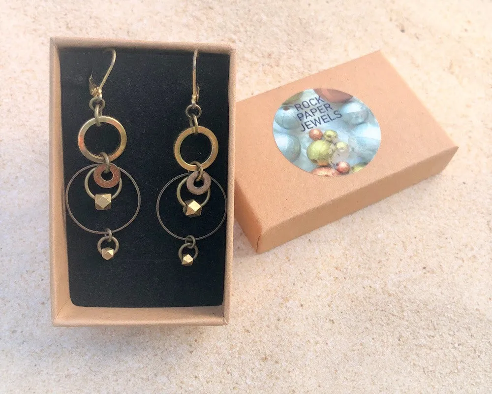 Modern Brass Concentric Circle Earrings with Geometric Drop