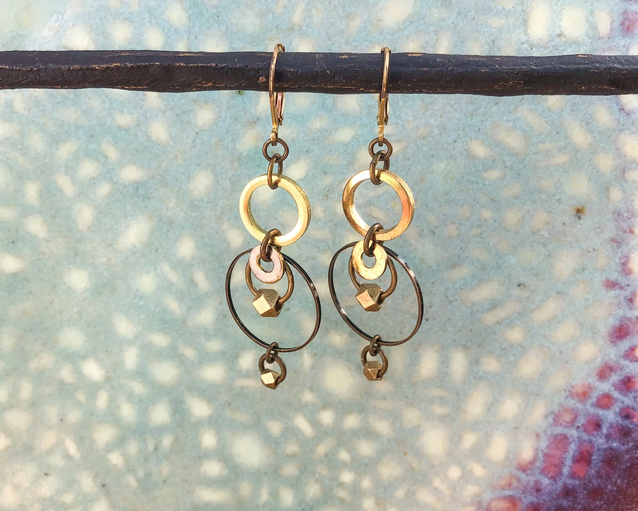 Modern Brass Concentric Circle Earrings with Geometric Drop