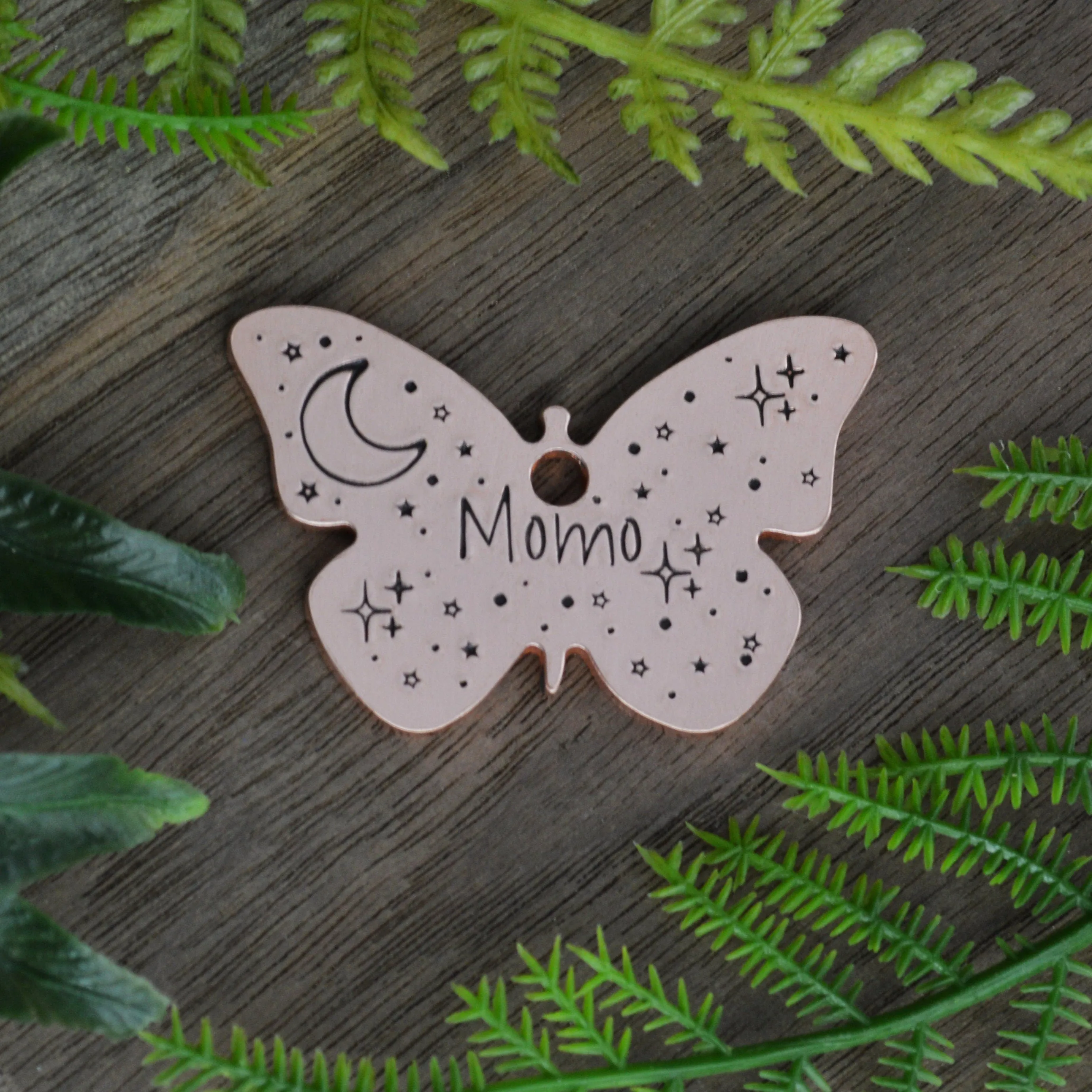 Moonlit Butterfly Hand Stamped Dog Collar Tag
