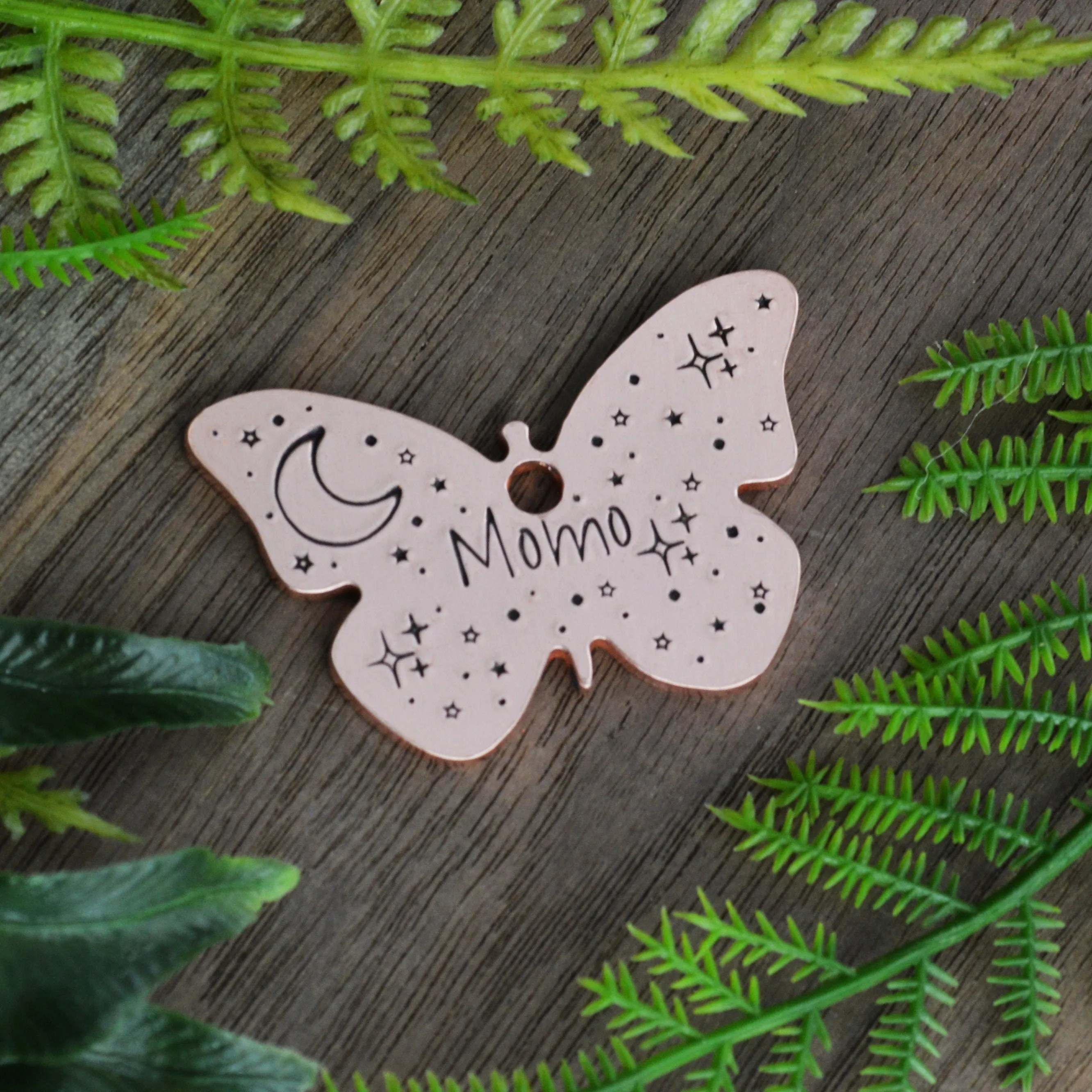 Moonlit Butterfly Hand Stamped Dog Collar Tag