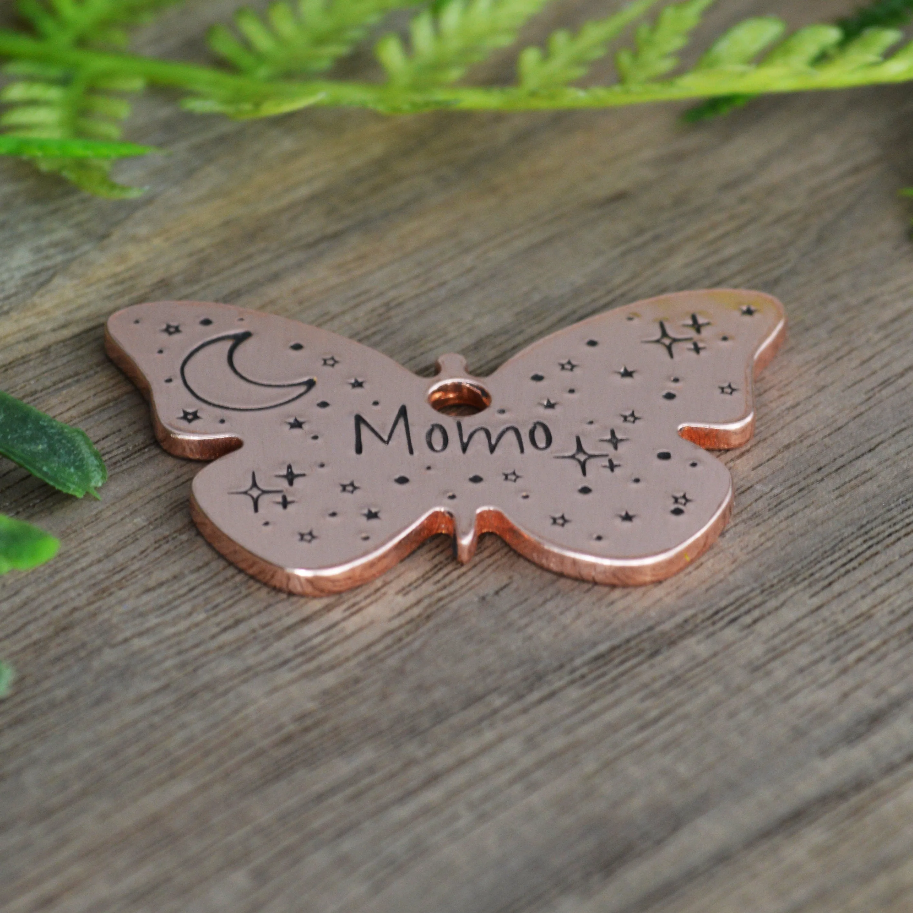 Moonlit Butterfly Hand Stamped Dog Collar Tag