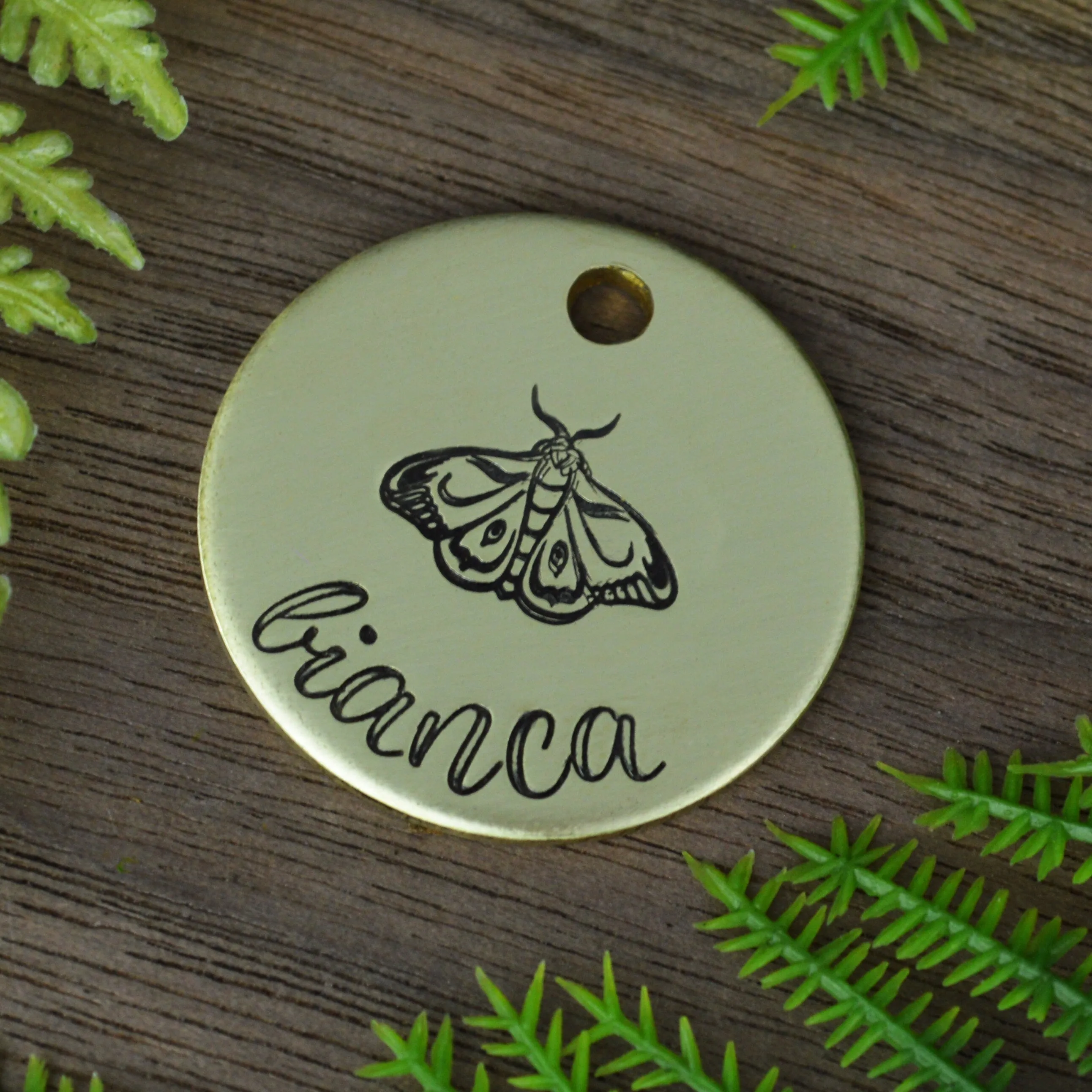 Moth Hand Stamped Dog Tag