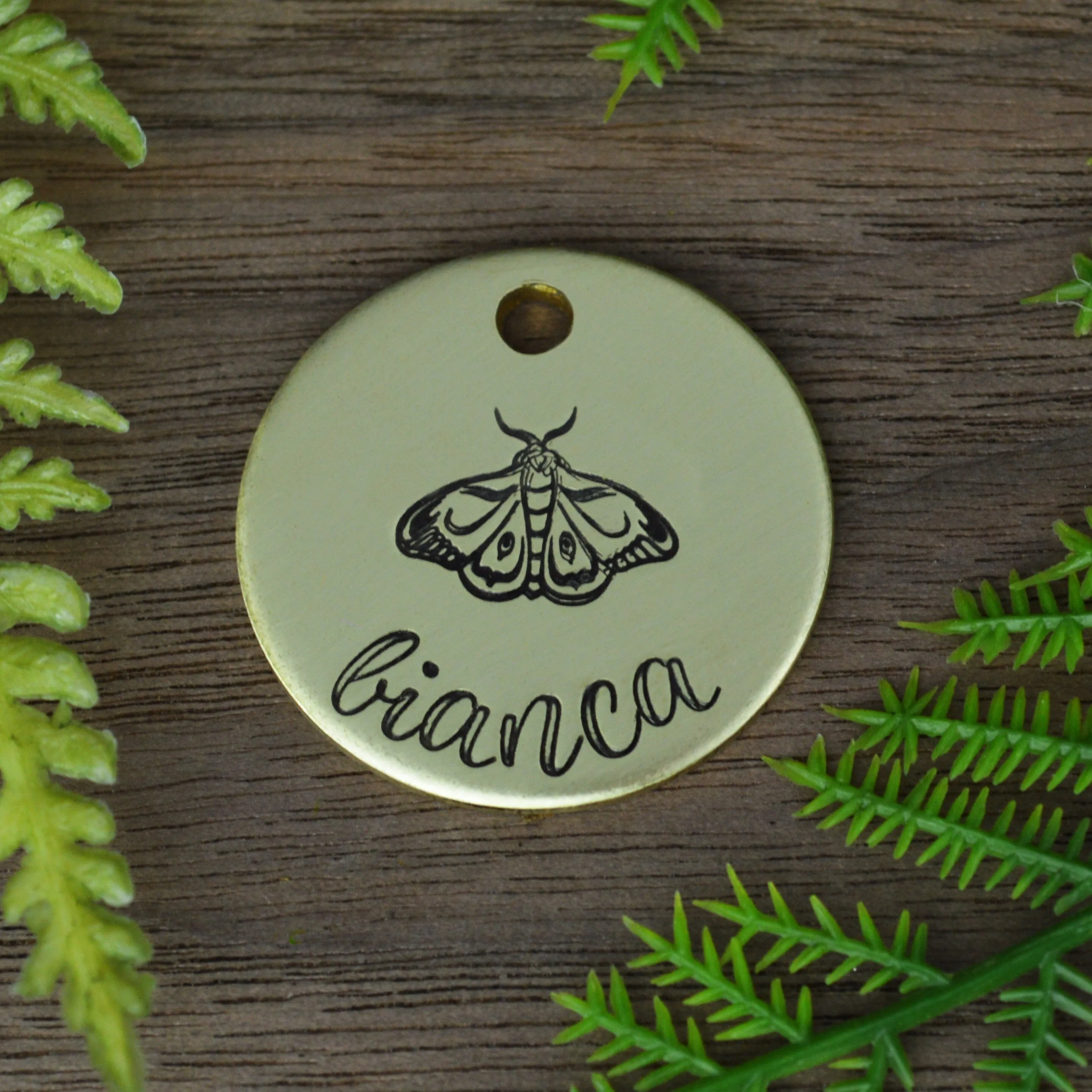 Moth Hand Stamped Dog Tag