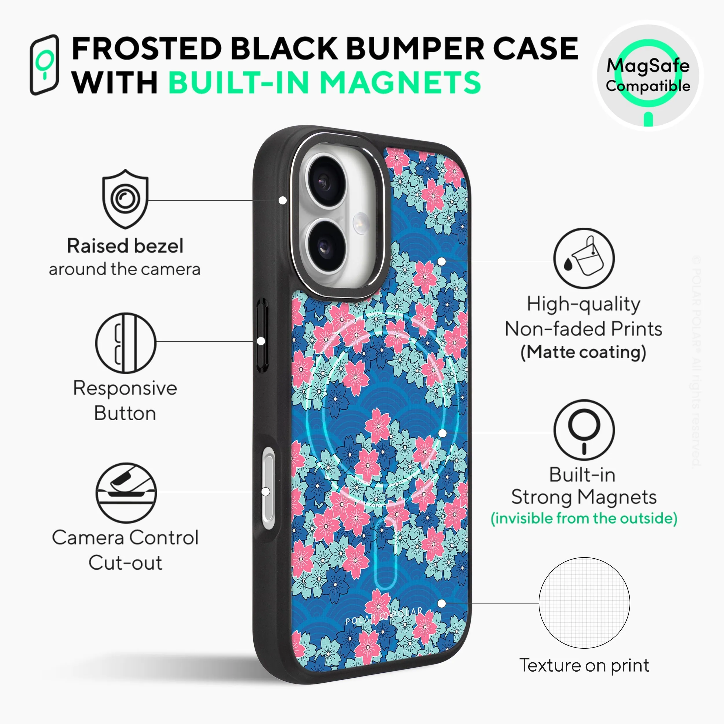 Navy Sakura Wave - iPhone 16 Plus Frosted Black Bumper MagSafe Case