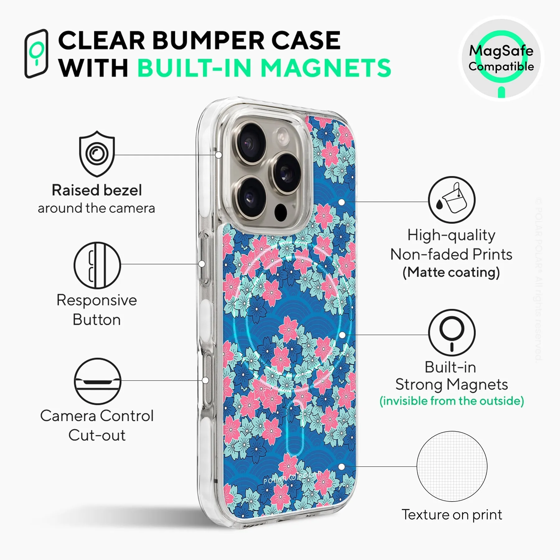 Navy Sakura Wave - iPhone 16 Pro Clear Bumper MagSafe Case