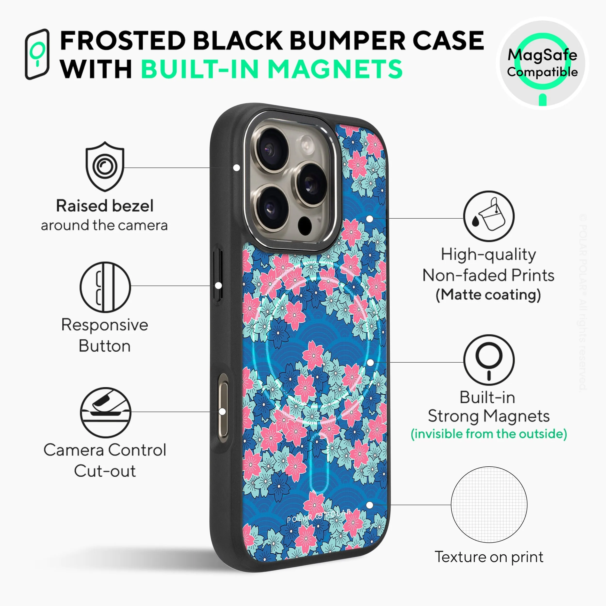 Navy Sakura Wave - iPhone 16 Pro Max Frosted Black Bumper MagSafe Case