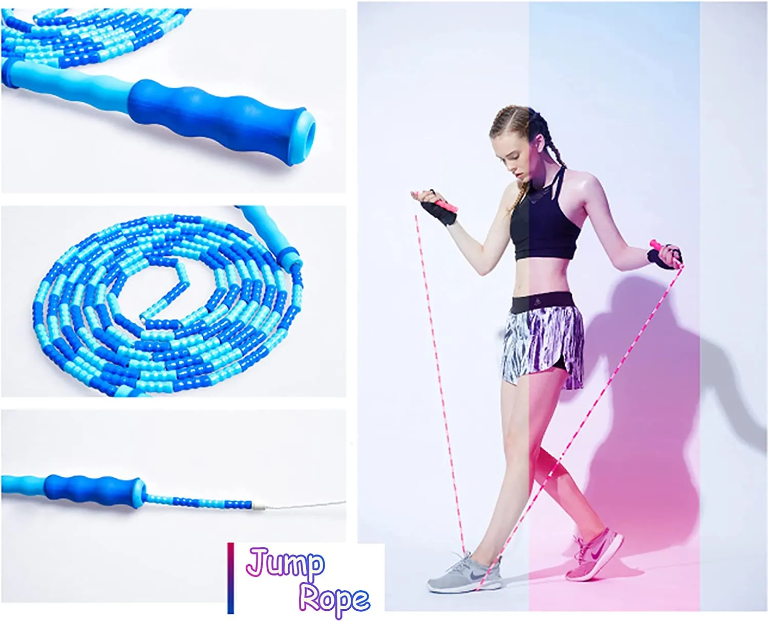 NEW Soft Beaded Jump Rope, Adjustable Tangle - Free Segmented Fitness Skipping Rope for Men, Women and Kids Keeping Fit, Training, Workout and Weight Loss - 9 Feet (2-Pack)