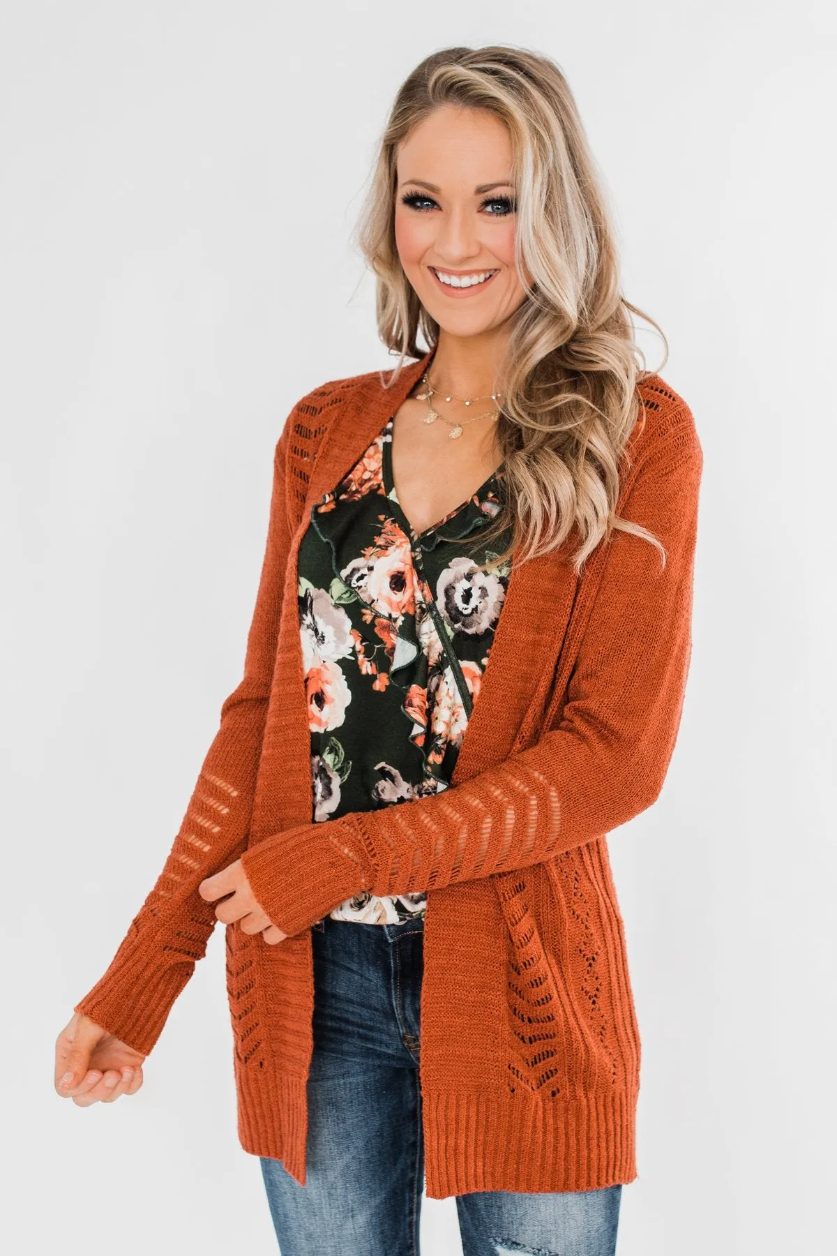 Open Front Pointelle Cardigan- Rust