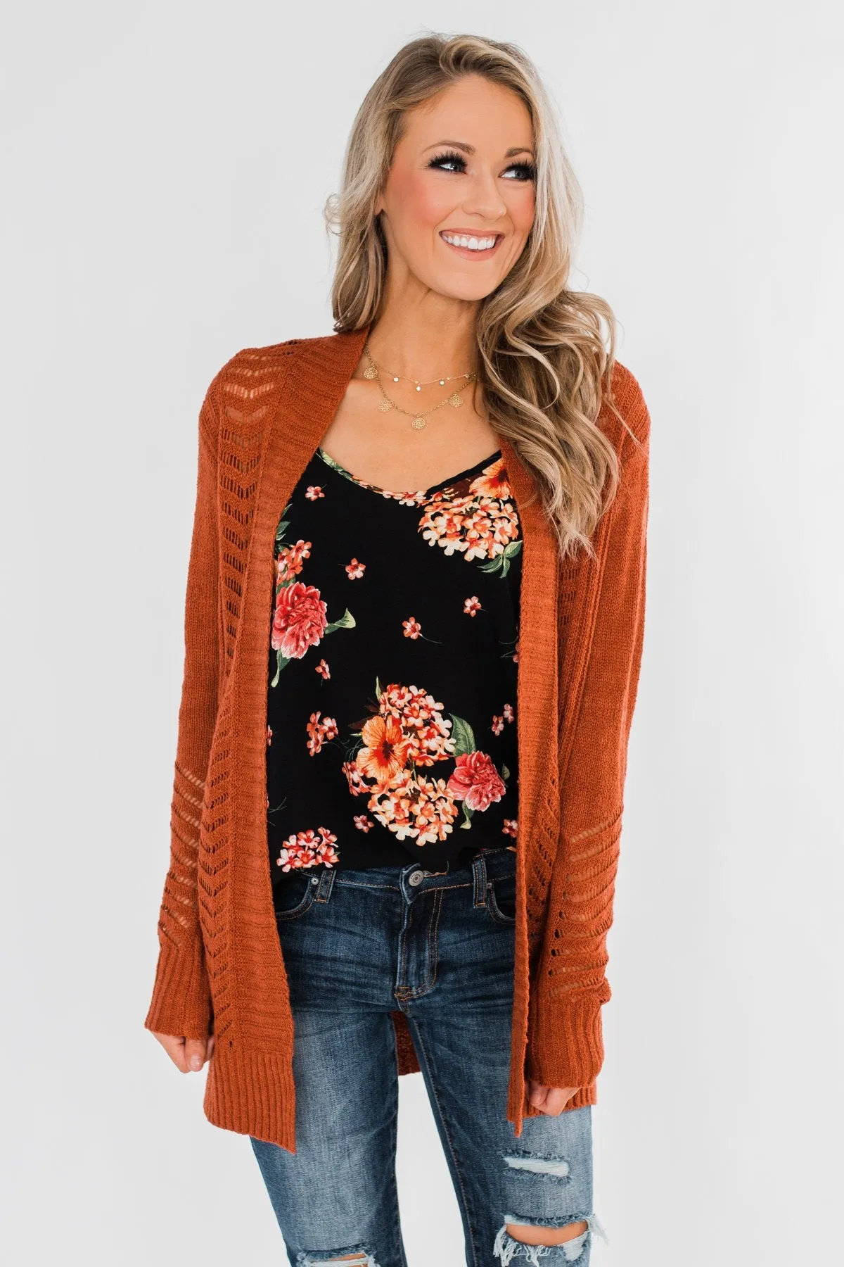 Open Front Pointelle Cardigan- Rust