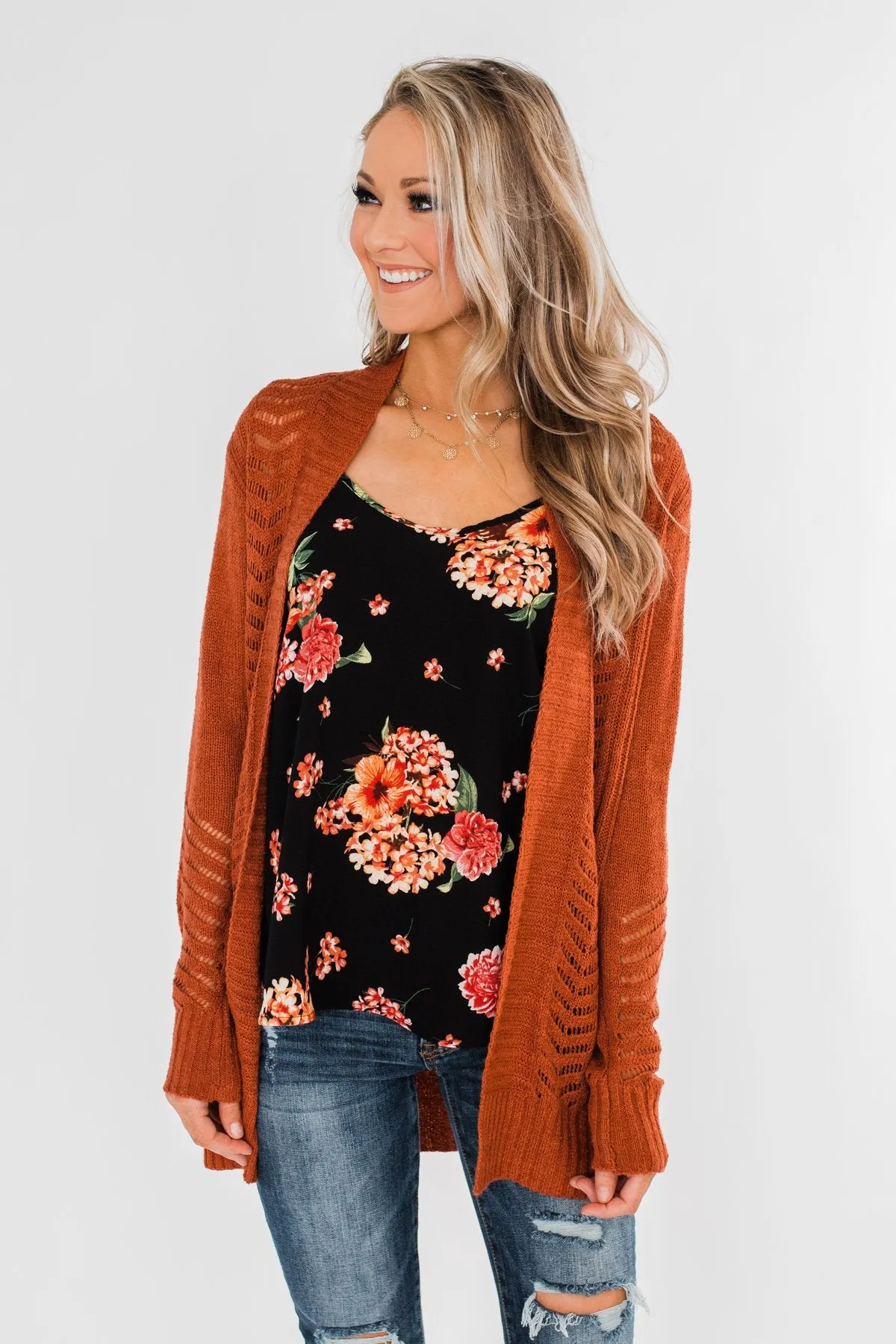 Open Front Pointelle Cardigan- Rust
