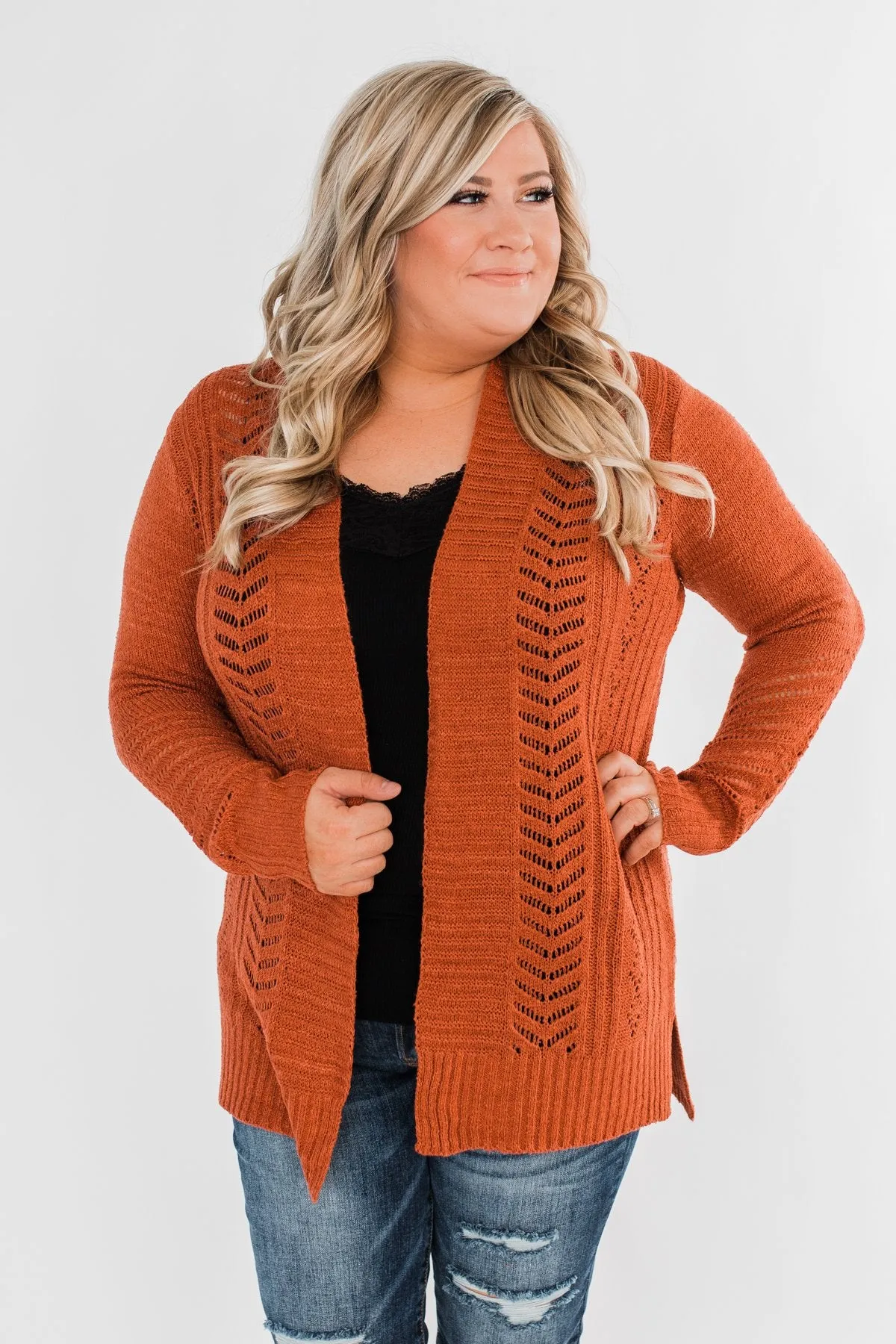 Open Front Pointelle Cardigan- Rust