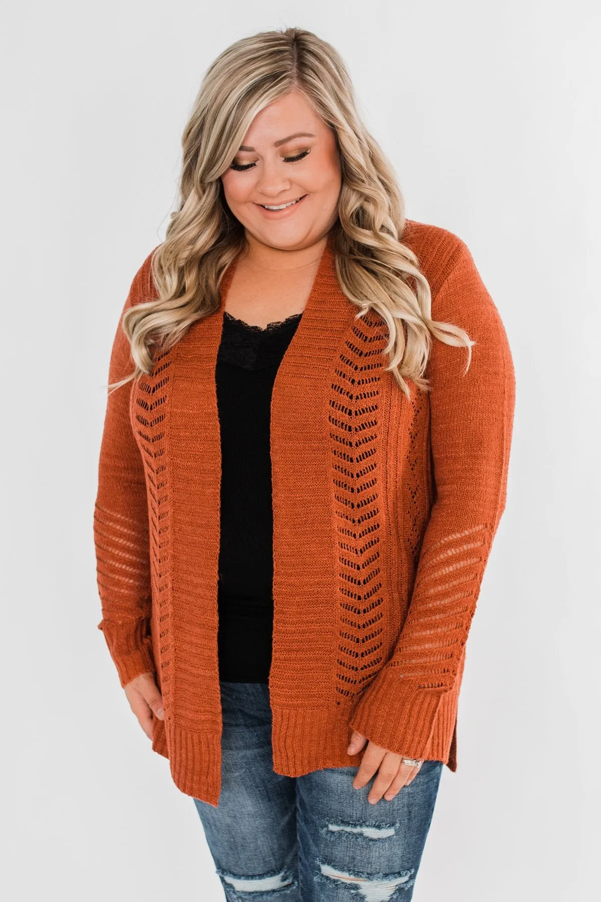 Open Front Pointelle Cardigan- Rust