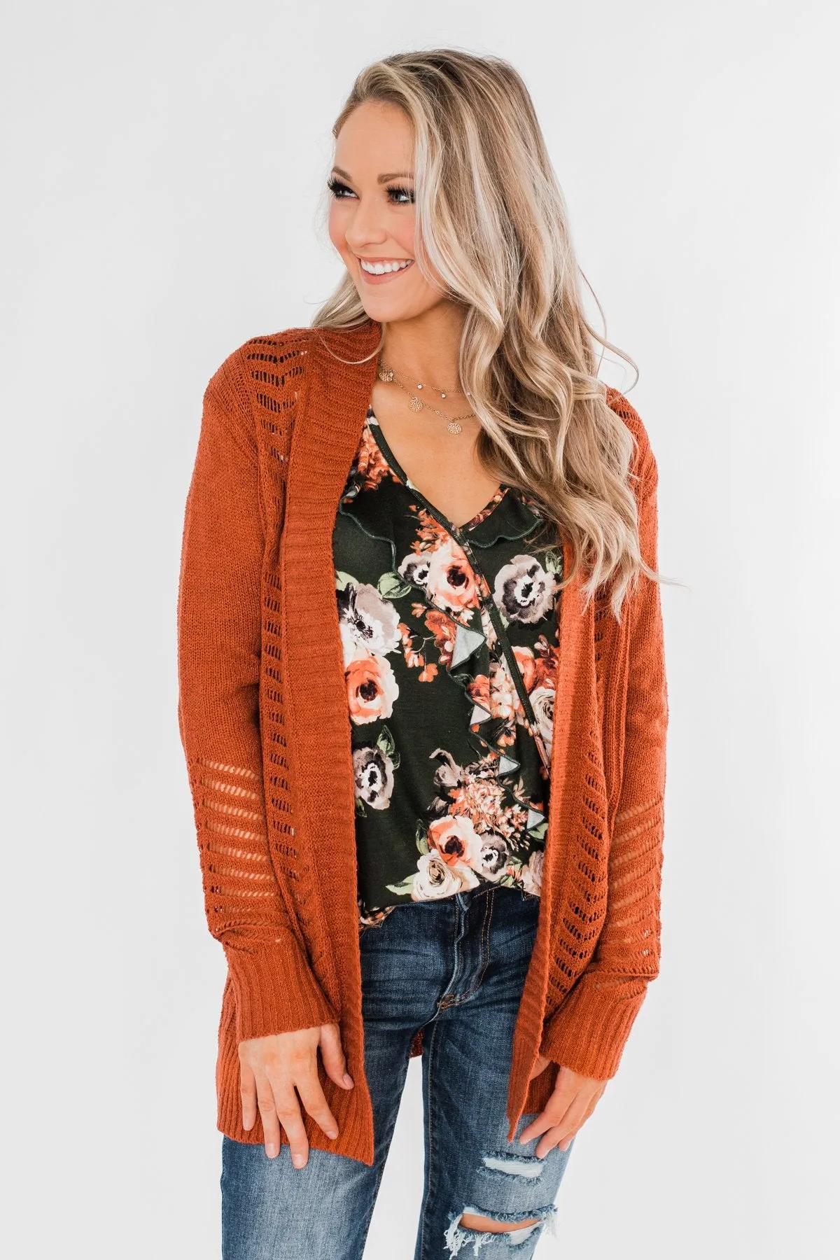 Open Front Pointelle Cardigan- Rust