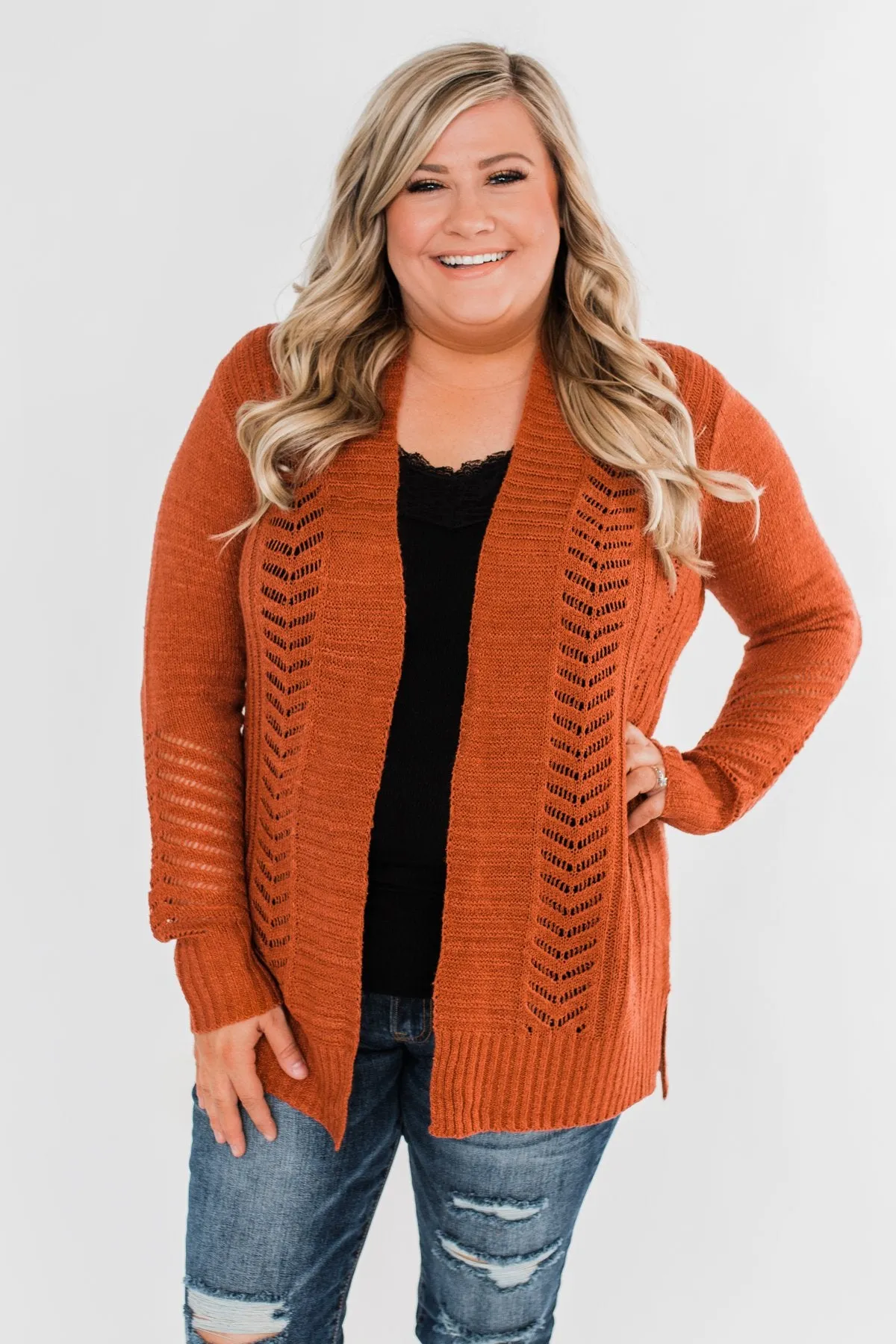 Open Front Pointelle Cardigan- Rust