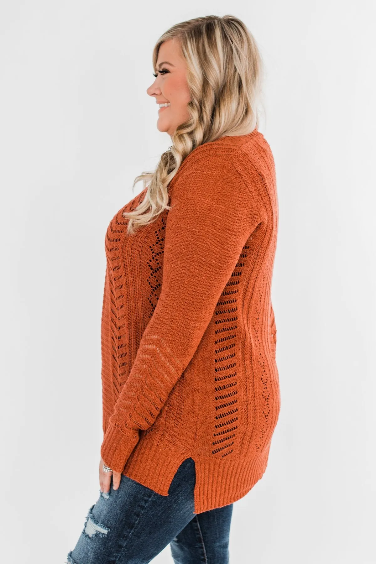 Open Front Pointelle Cardigan- Rust
