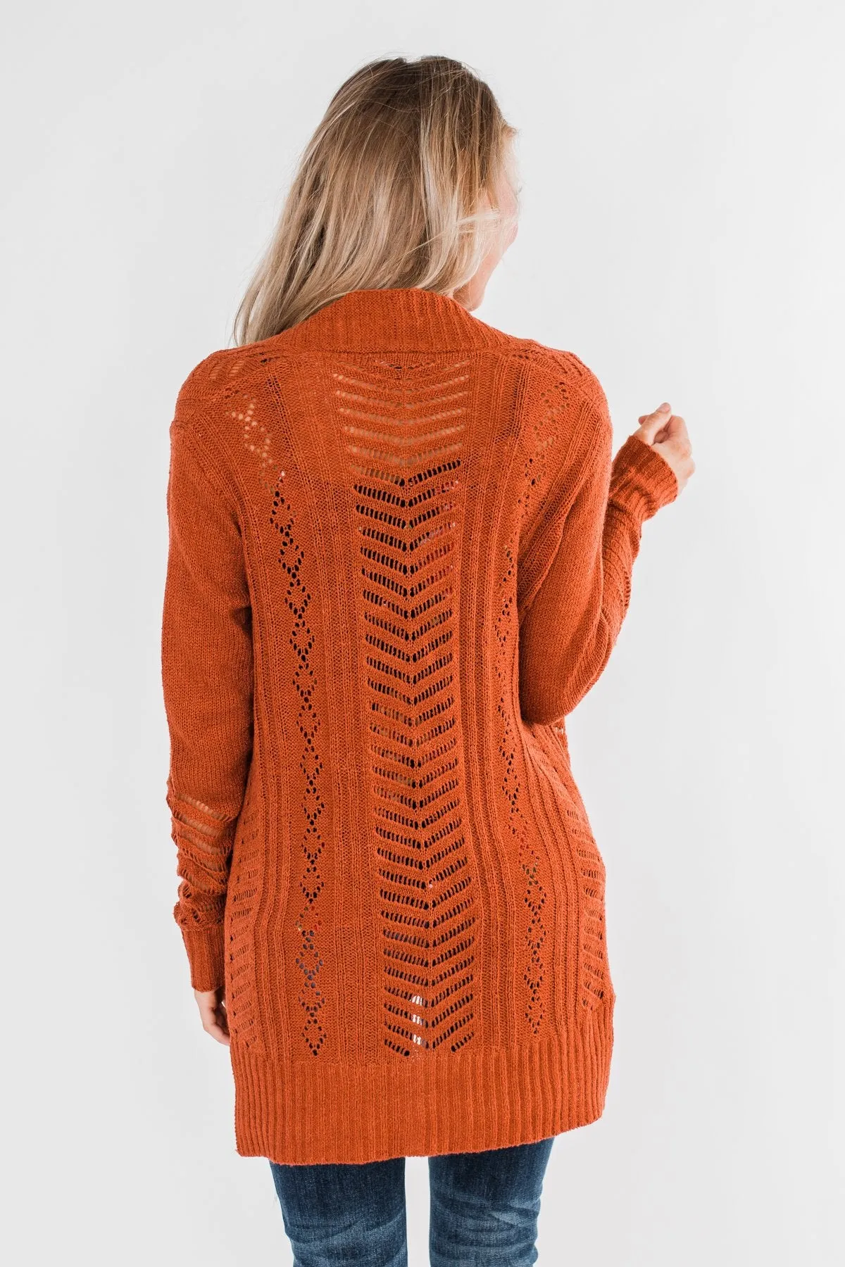 Open Front Pointelle Cardigan- Rust