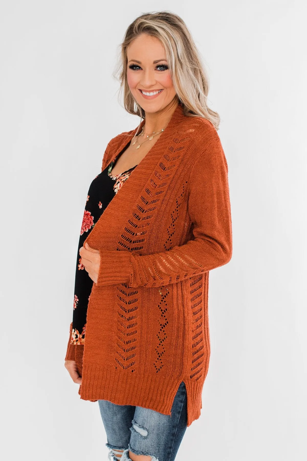 Open Front Pointelle Cardigan- Rust