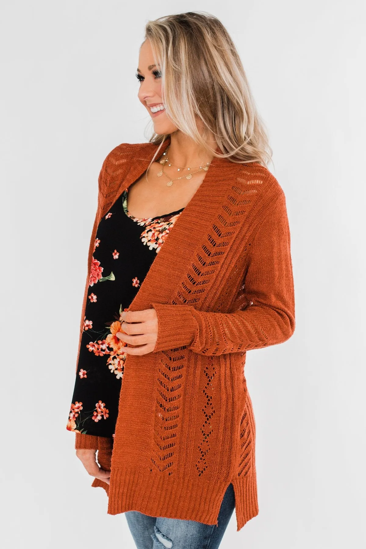 Open Front Pointelle Cardigan- Rust
