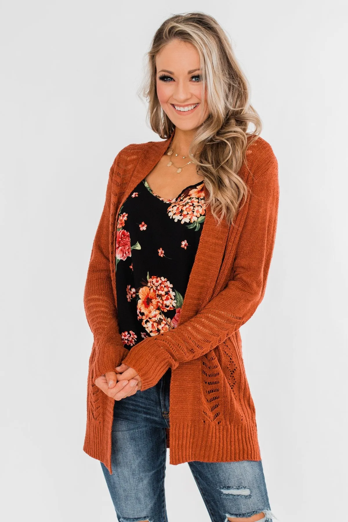Open Front Pointelle Cardigan- Rust
