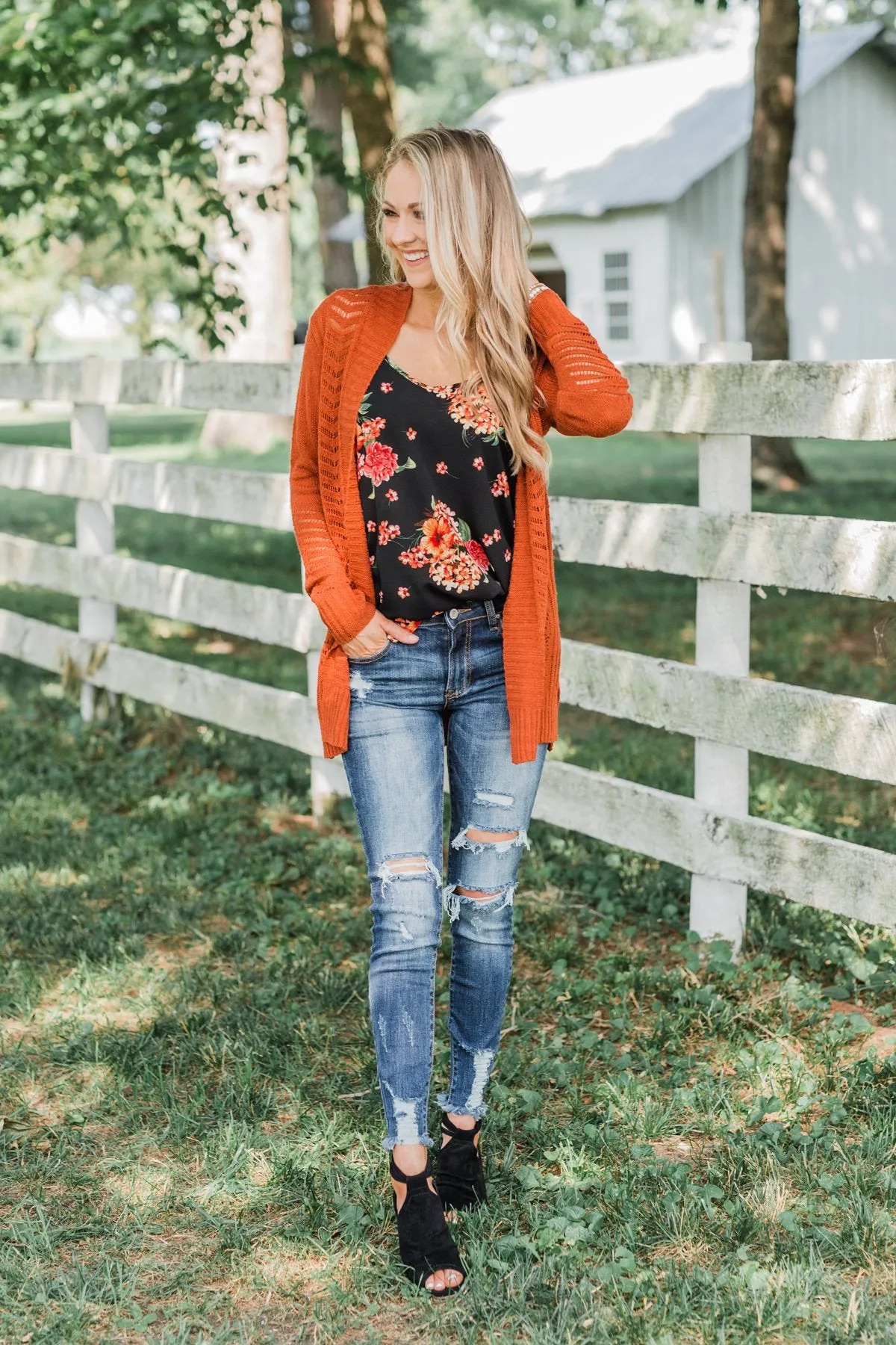 Open Front Pointelle Cardigan- Rust