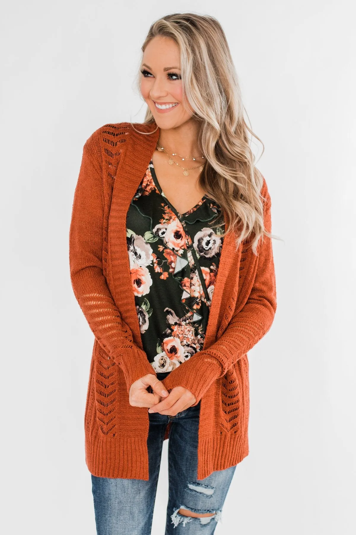 Open Front Pointelle Cardigan- Rust