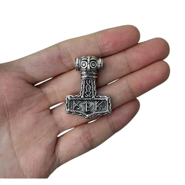 Owl Futhark Runes Sterling Silver Viking Hammer Pendant