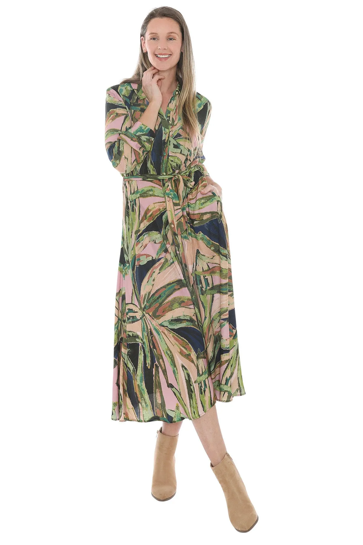 Painted Leaves Tie Waisted Dress