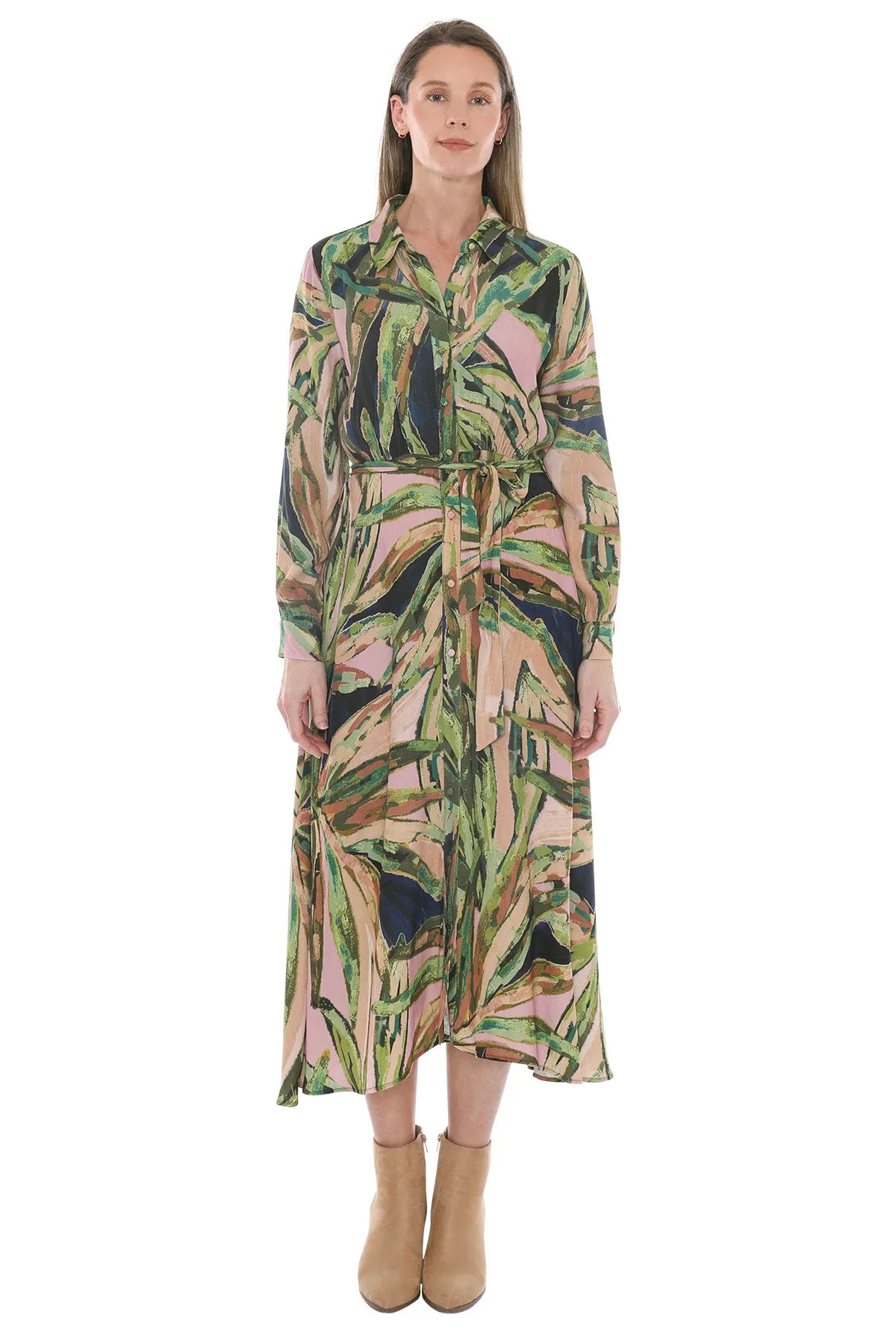 Painted Leaves Tie Waisted Dress