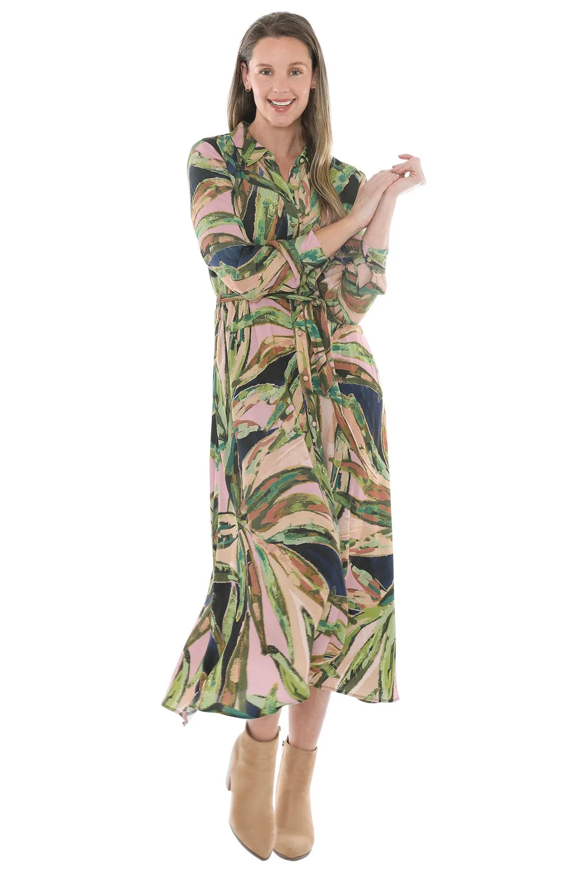 Painted Leaves Tie Waisted Dress