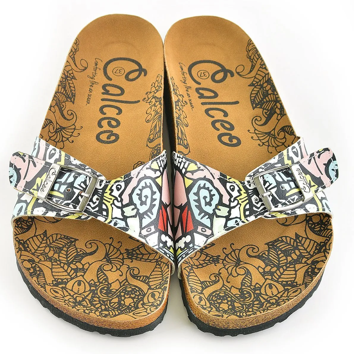 Pink, Blue, Yellow Shaped, Striped and Abstract Patterned Sandal - CAL904