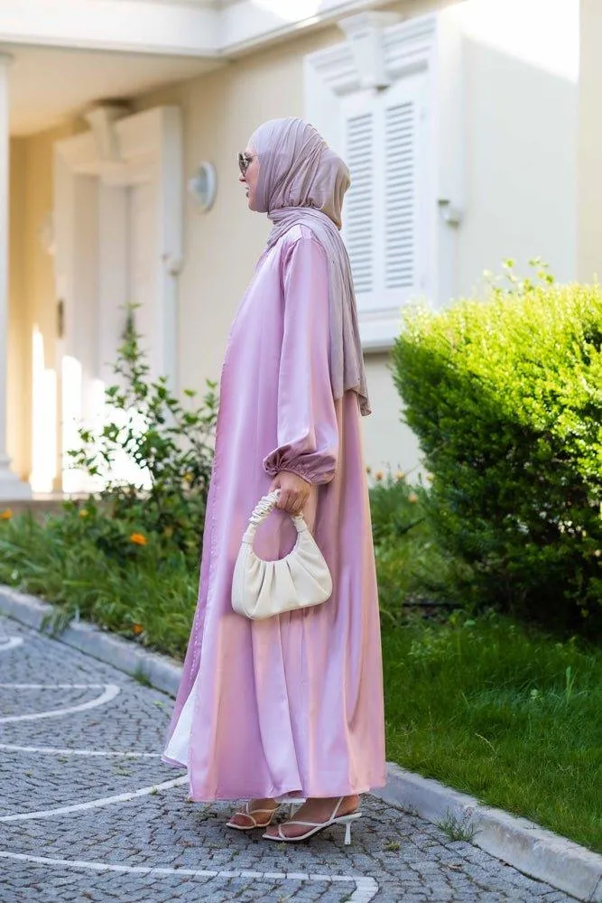 Pink Brontei open front abaya throw over with pockets and a detachable belt
