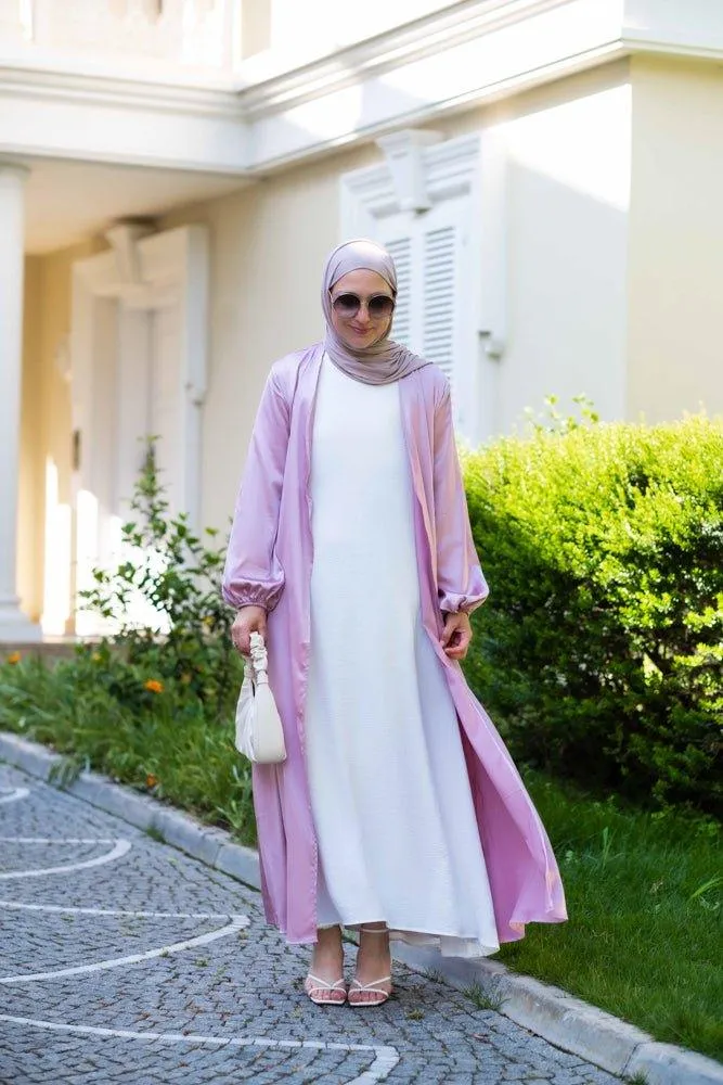 Pink Brontei open front abaya throw over with pockets and a detachable belt
