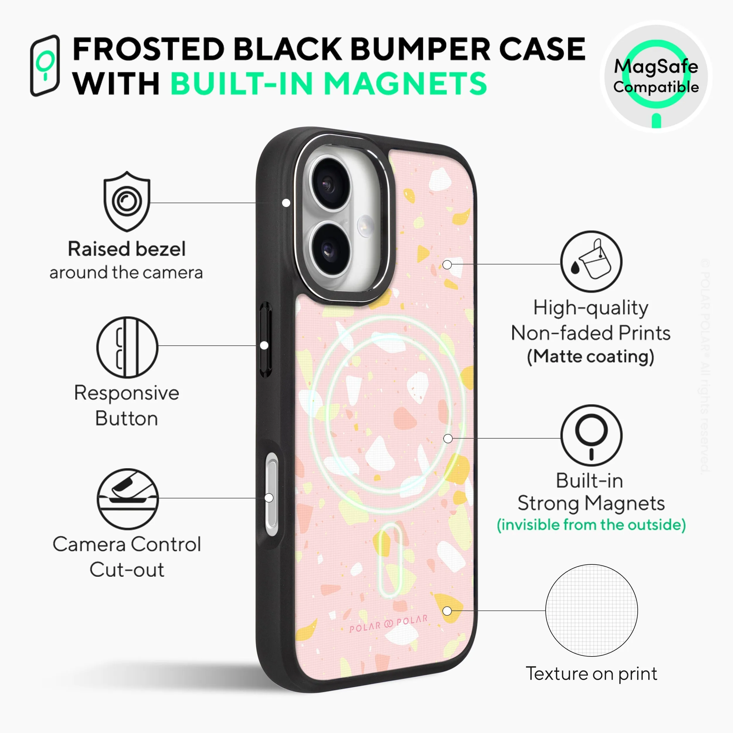 Pink Peony Terrazzo - iPhone 16 Plus Frosted Black Bumper MagSafe Case