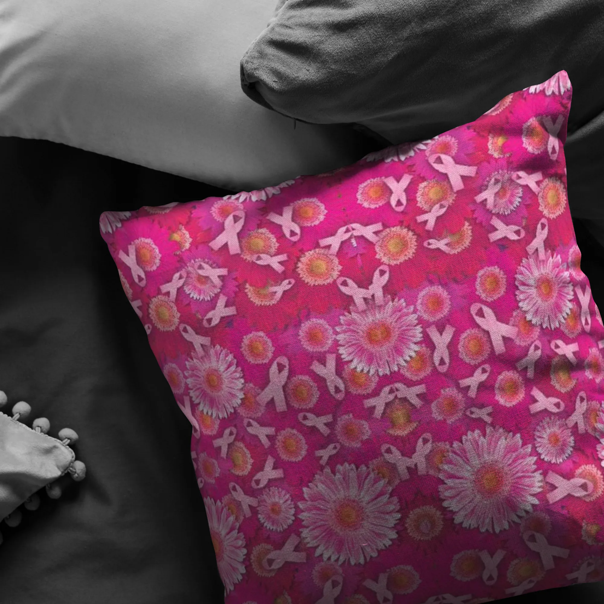 Pink Ribbons and Flowers Pillow