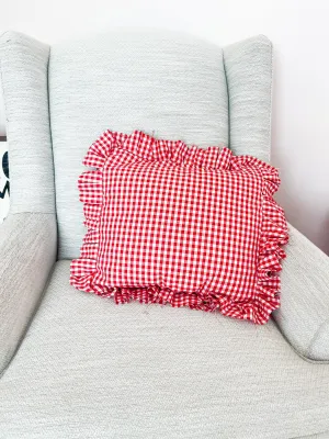 Red and White Ruffle Gingham Pillow, Bedroom Accessories with Other Colors Available, Decorative Pillows