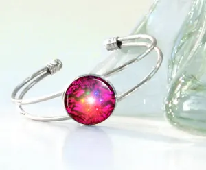 Red Chakra Bracelet, Abstract Art Silver Cuff, Positive Energy - "Fuchsia Swirl"