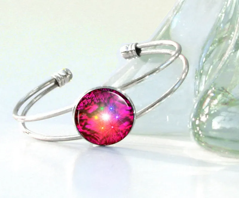 Red Chakra Bracelet, Abstract Art Silver Cuff, Positive Energy - "Fuchsia Swirl"