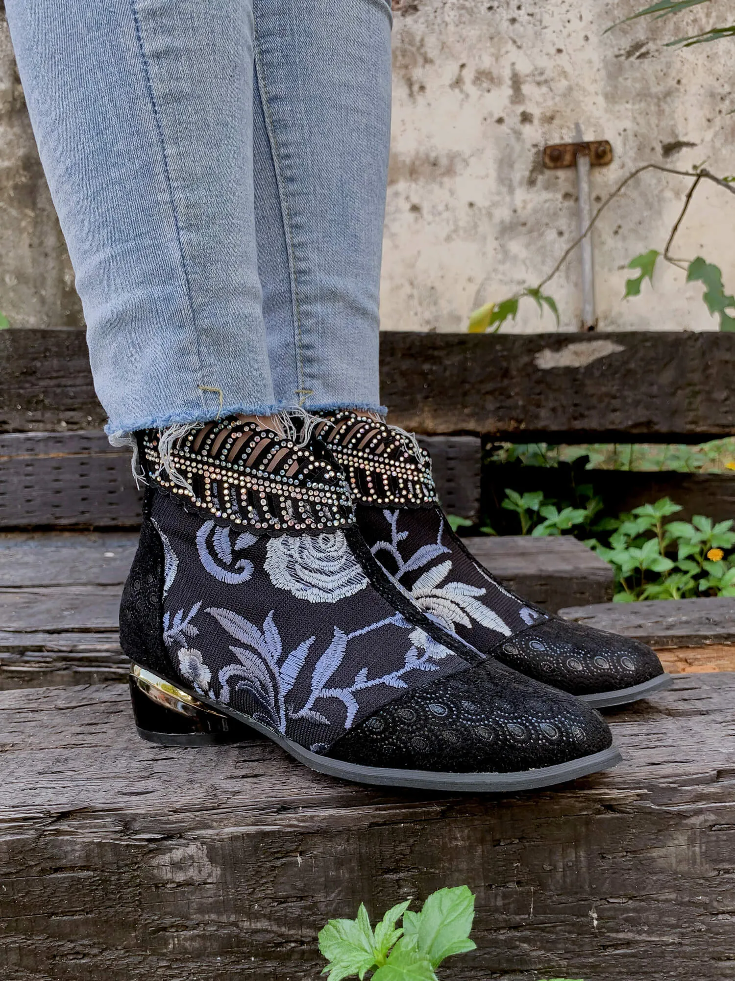 Rhinestone Ankle Floral-Embroidered Boot - Black