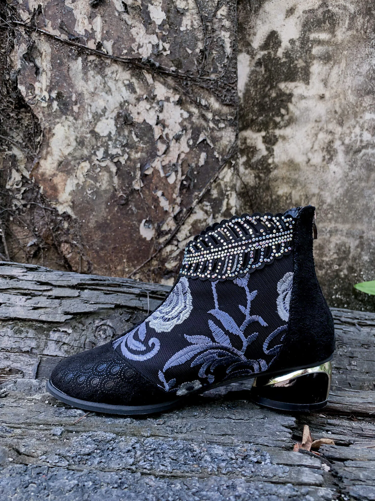 Rhinestone Ankle Floral-Embroidered Boot - Black