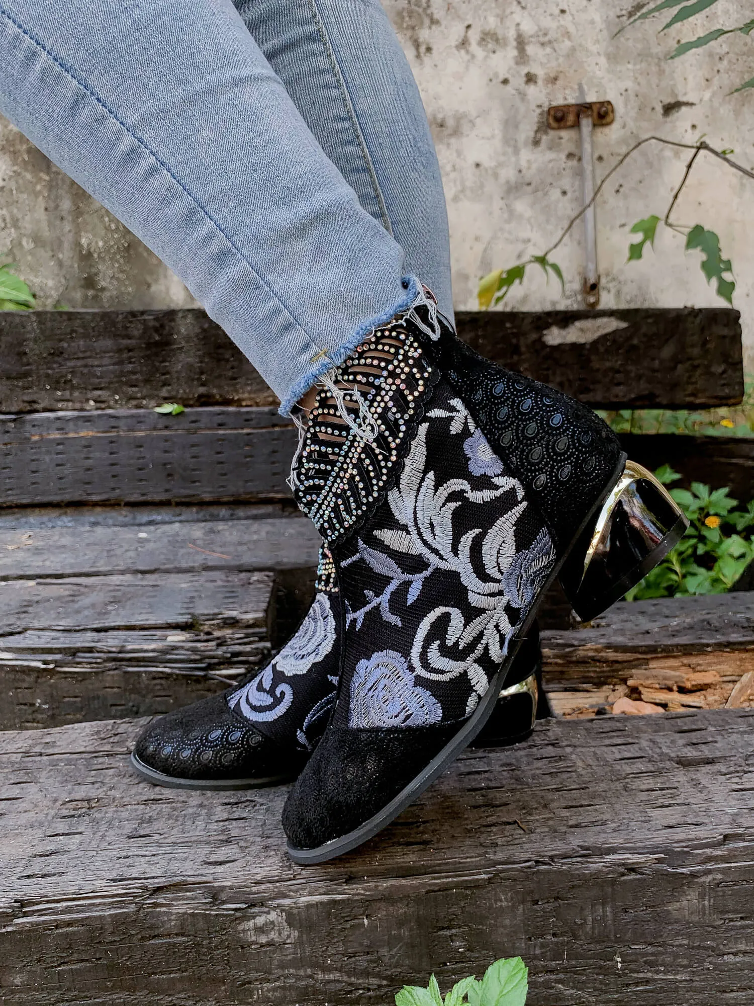 Rhinestone Ankle Floral-Embroidered Boot - Black