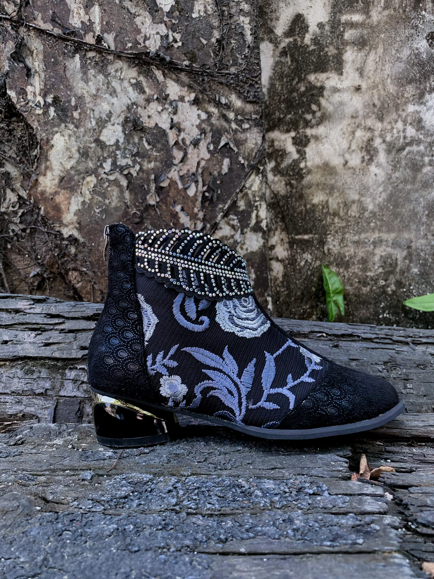 Rhinestone Ankle Floral-Embroidered Boot - Black