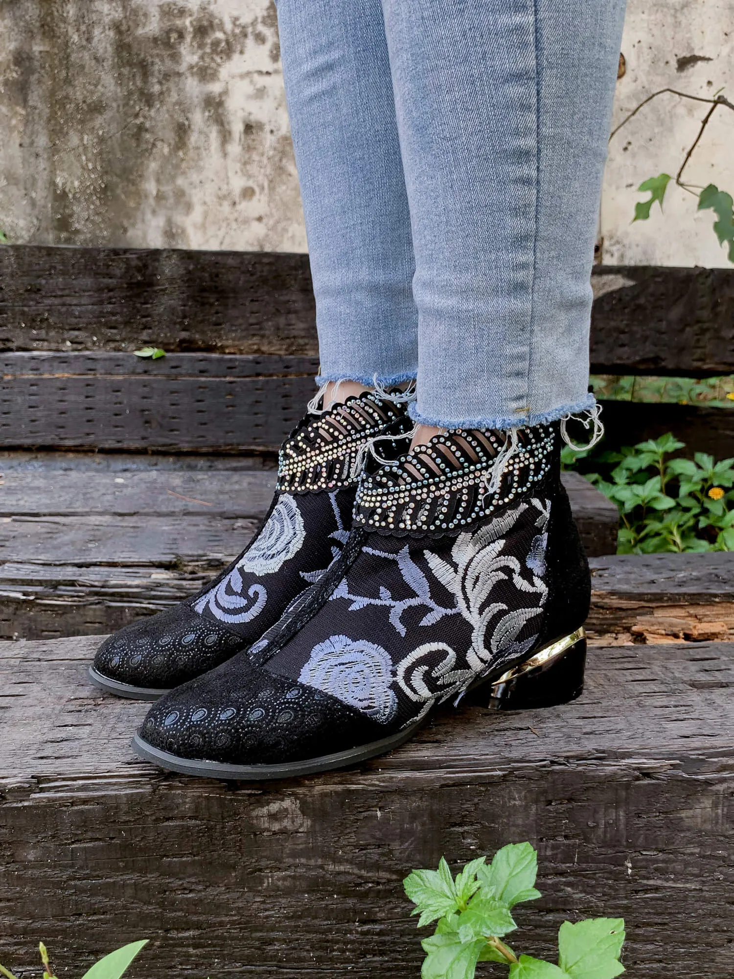 Rhinestone Ankle Floral-Embroidered Boot - Black