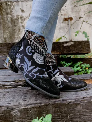 Rhinestone Ankle Floral-Embroidered Boot - Black