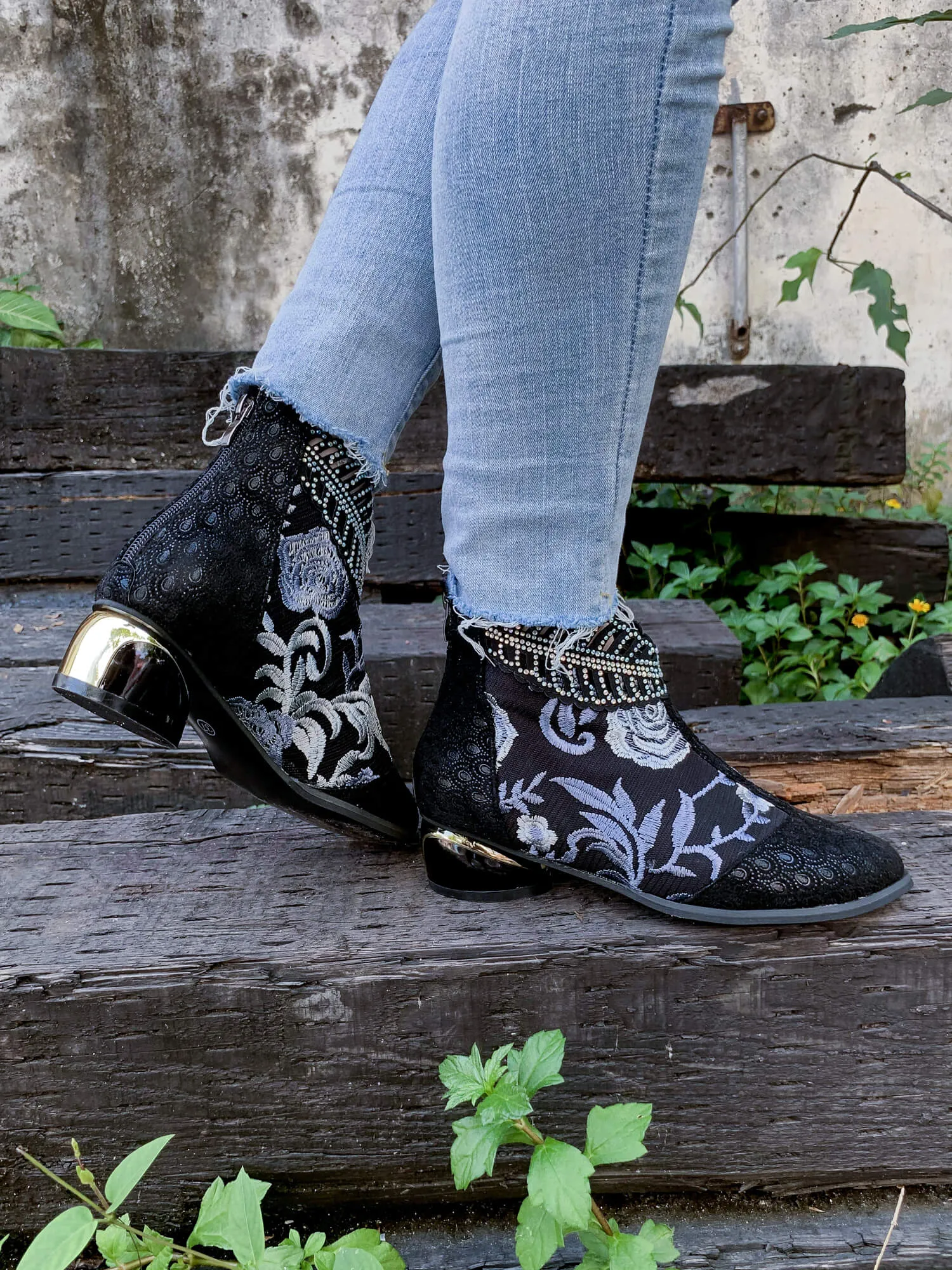 Rhinestone Ankle Floral-Embroidered Boot - Black