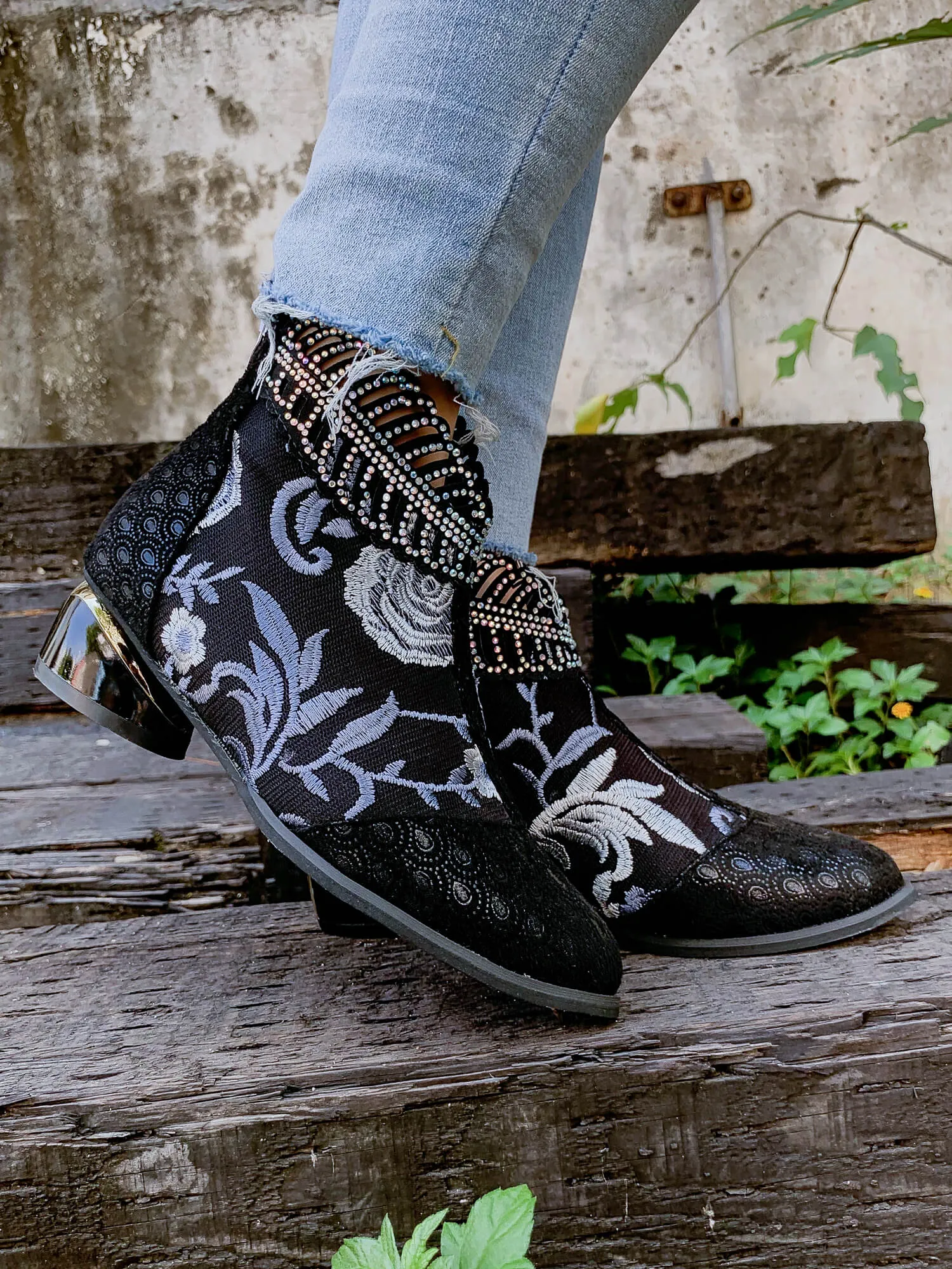 Rhinestone Ankle Floral-Embroidered Boot - Black