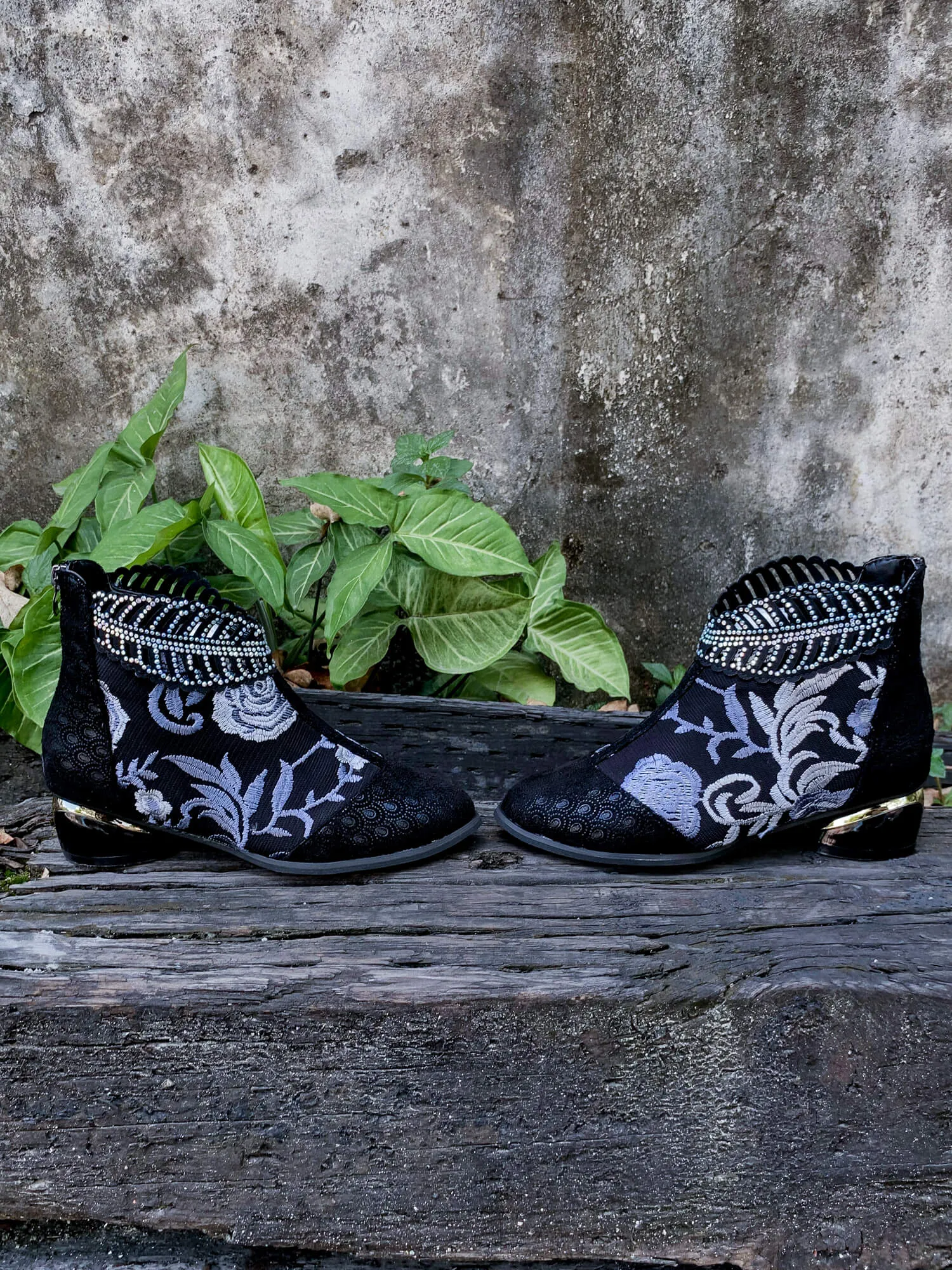 Rhinestone Ankle Floral-Embroidered Boot - Black
